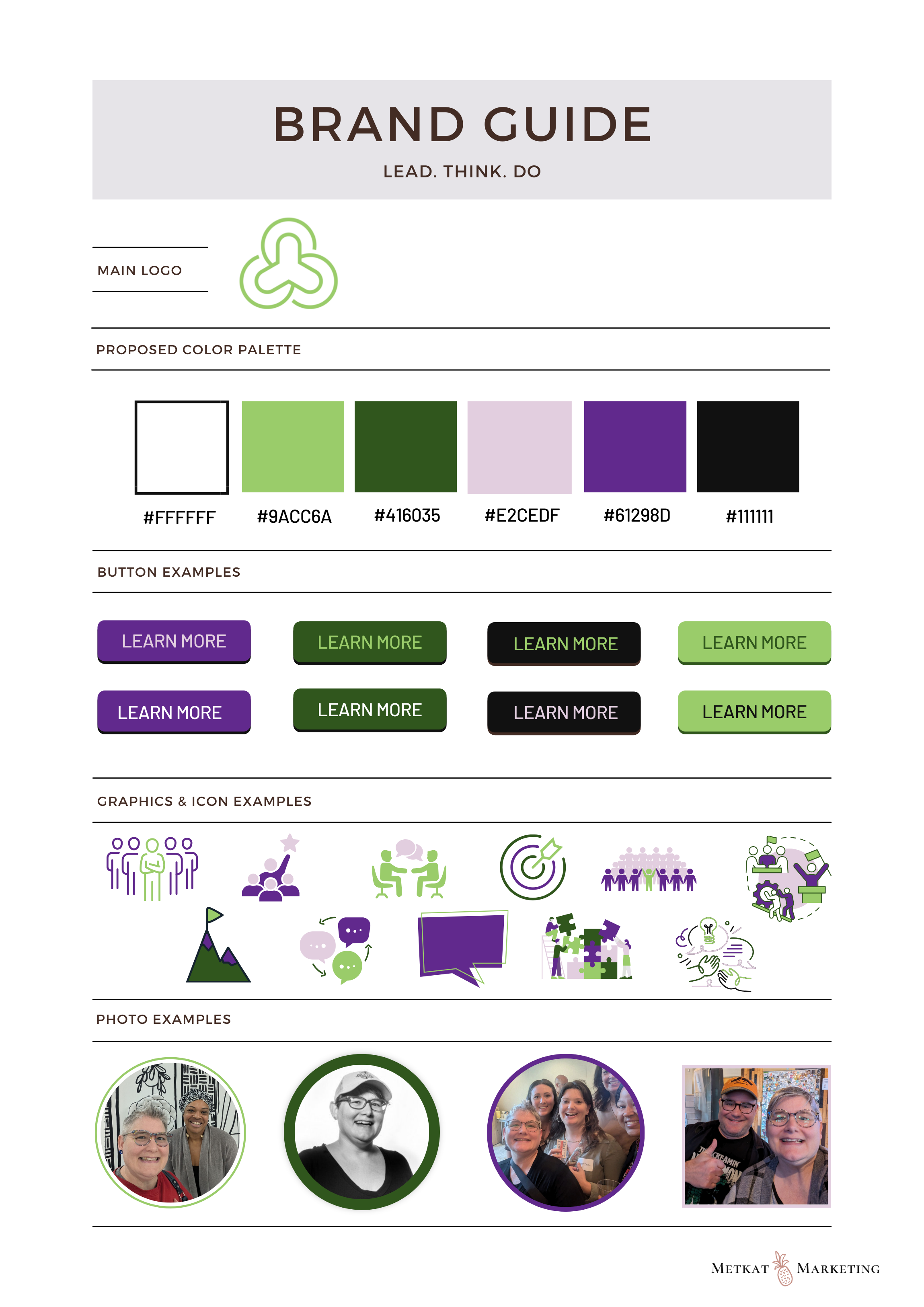 Business brand guide with logo, color palette, button examples, icon and graphic illustrations, and photos of people.