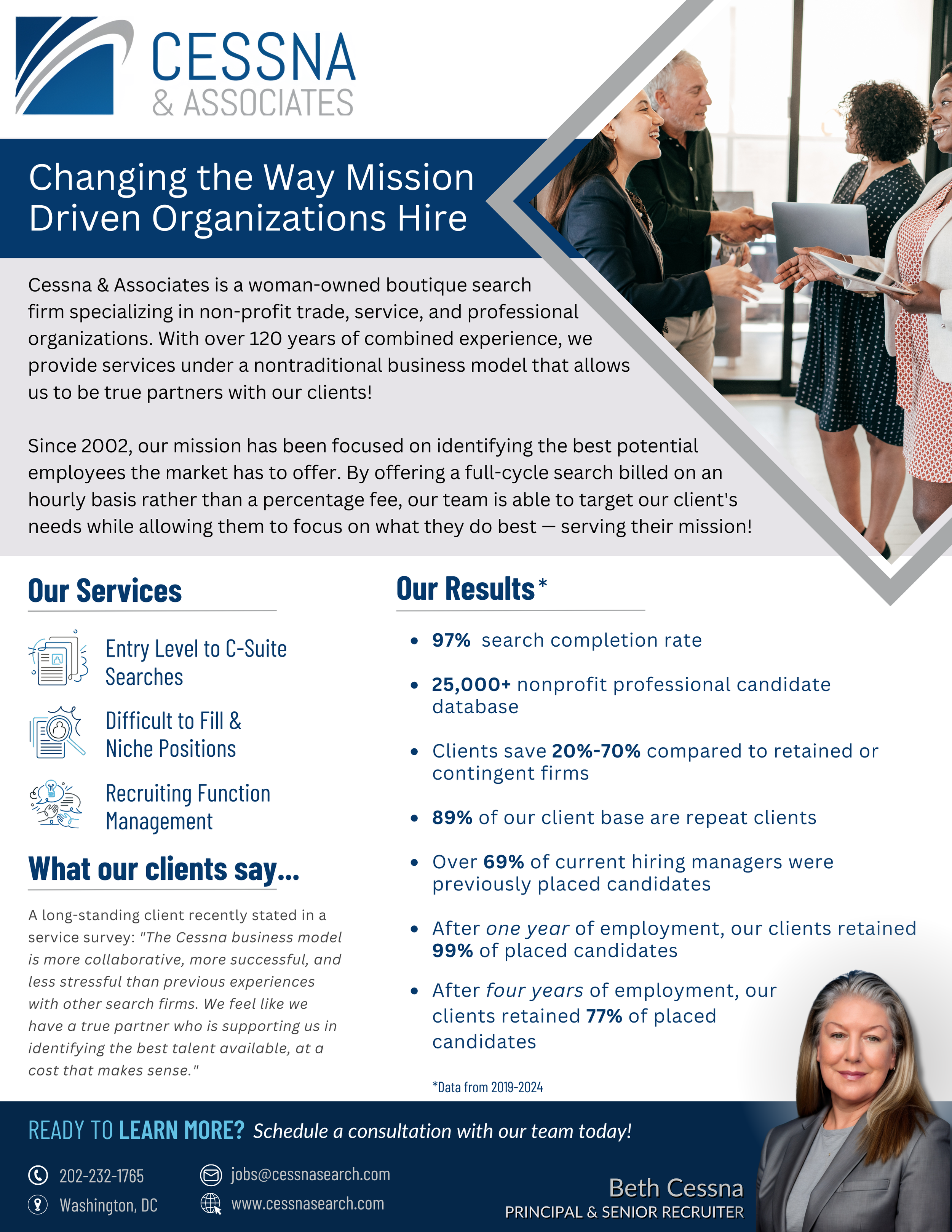 A promotional flyer for Cessna & Associates featuring a professional woman at the bottom right corner, with a group of professionals engaging in conversation in a modern office. The flyer highlights services, results, and client testimonials related to nonprofit professional recruitment.