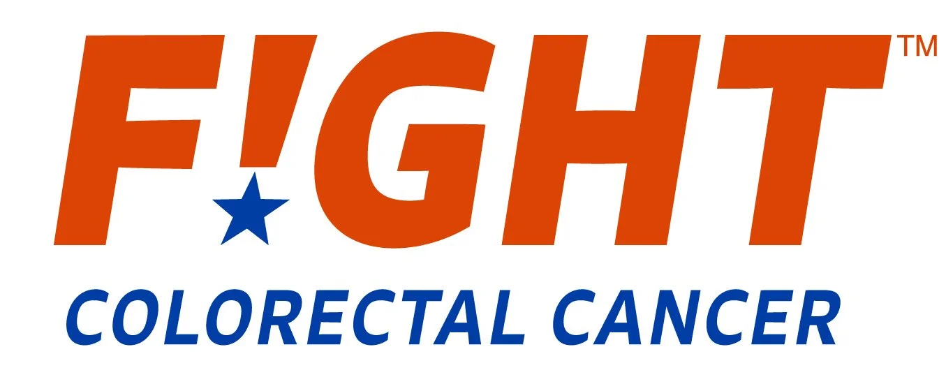 Logo with the words "FIGHT" in large orange text, a blue star in place of the dot over the letter "i," and the phrase "COLORECTAL CANCER" in smaller blue text underneath.