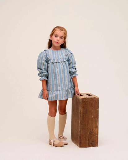VESTIDO DE NIÑA DE RAYAS AZULES Y DORADAS
