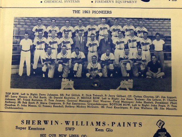 1963 team picture of the Elmira Pioneers (Dalkowski missing).