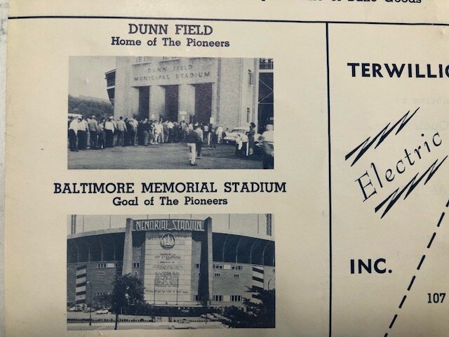 Pictures of the front of Elmira’s Dunn Field and Baltimore Memorial Stadium.