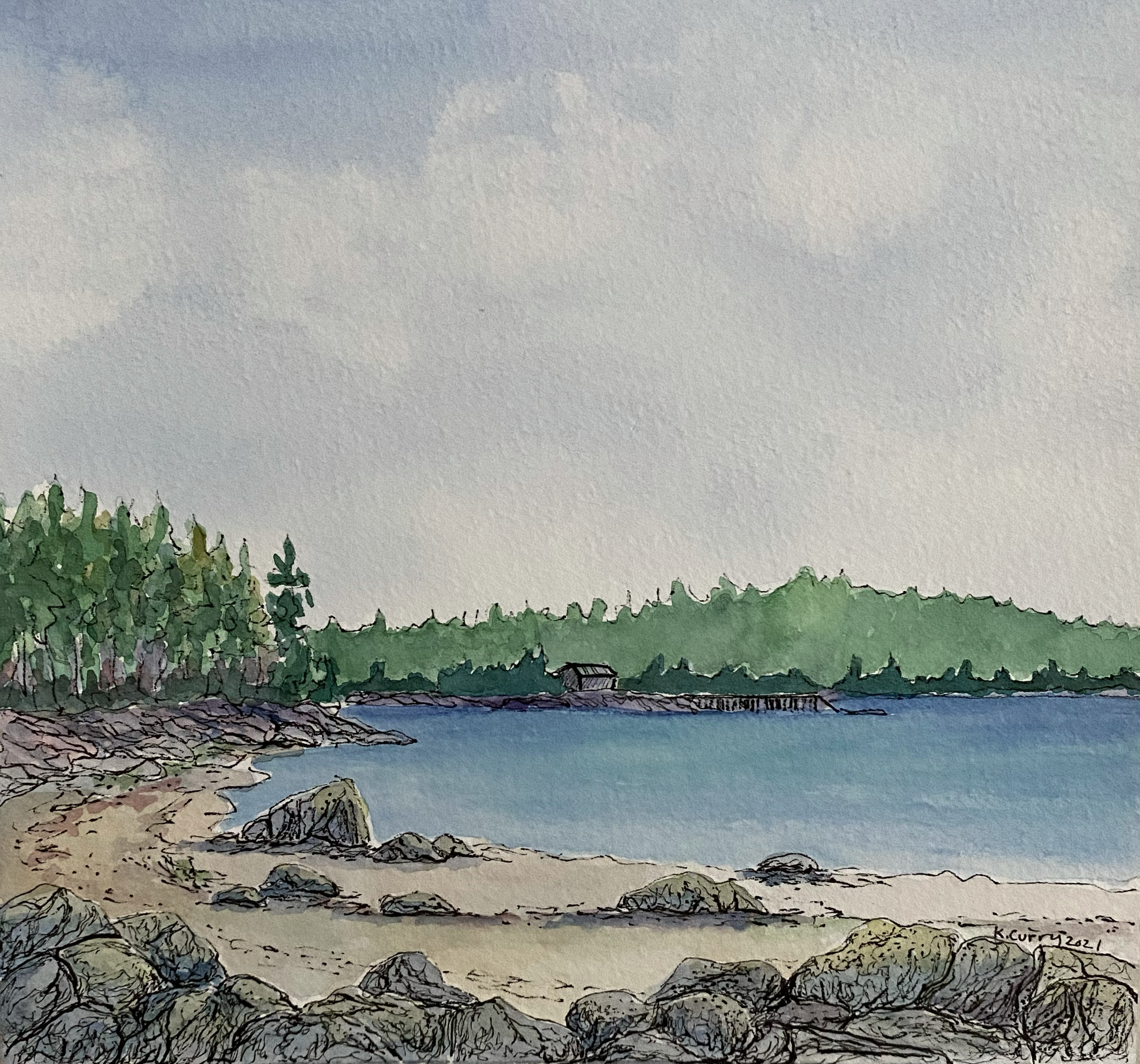 Title: From Away,
ink, watercolor on 140lb paper,
Unframed,
2021
7.25”W x 6.75”H