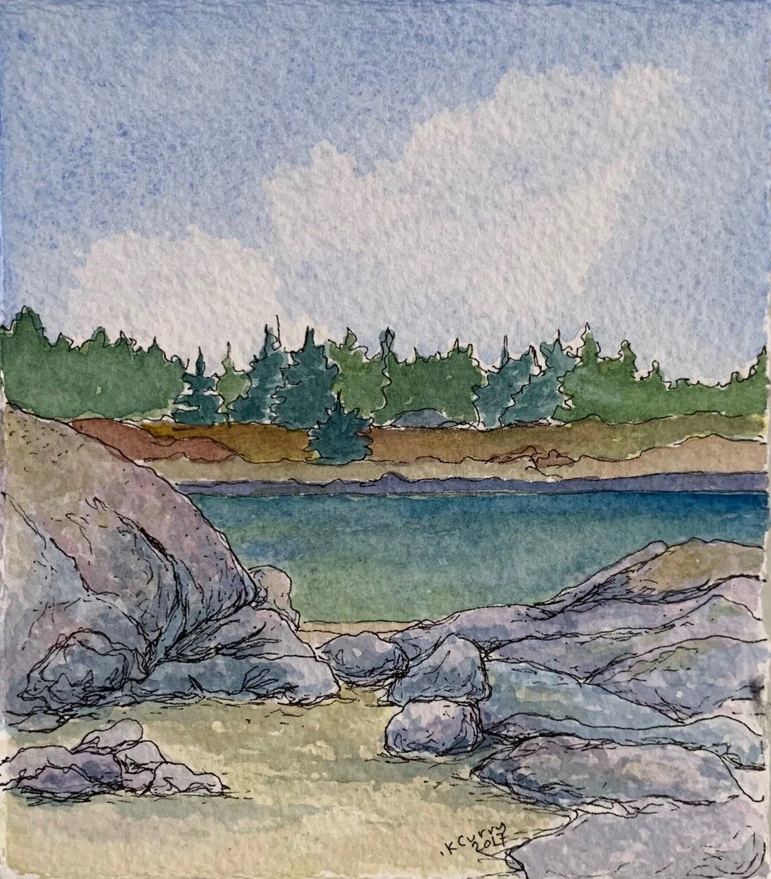 Title: Self-reflecting by the Sea,
ink, watercolor on 300lb paper,
Unframed,
2017
5”W x 5.75”H