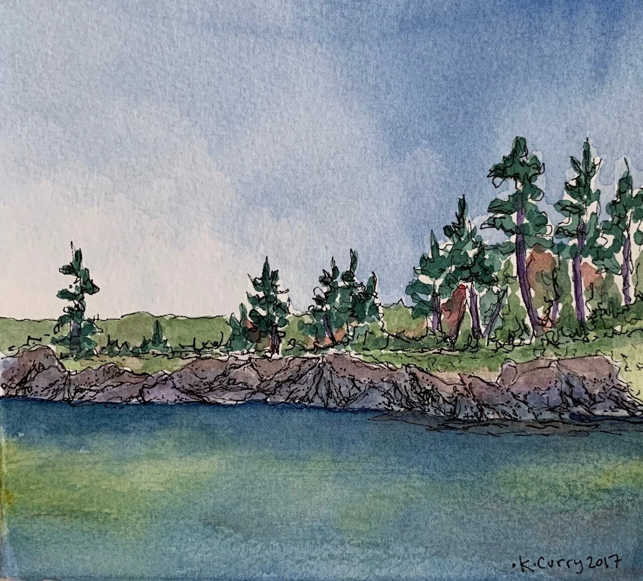 Title: A Rhyme of Sea + Sky,
ink, watercolor on 140lb paper,
Unframed,
2017
5.75”W x 5.25”H