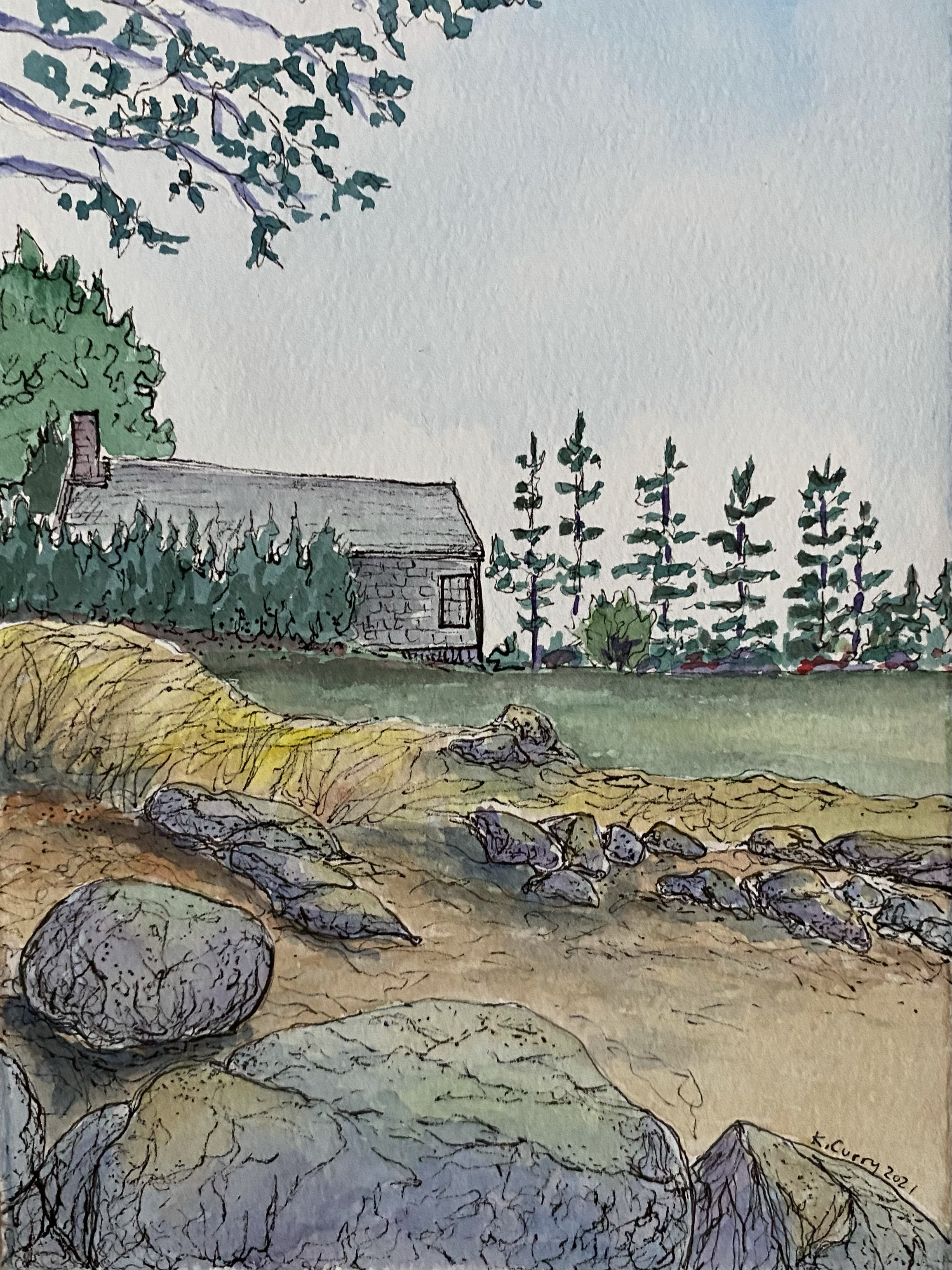 Title: When the Fog Lifted,
ink, watercolor on 140lb paper,
Unframed,
2021
5.5”W x 7.25”H