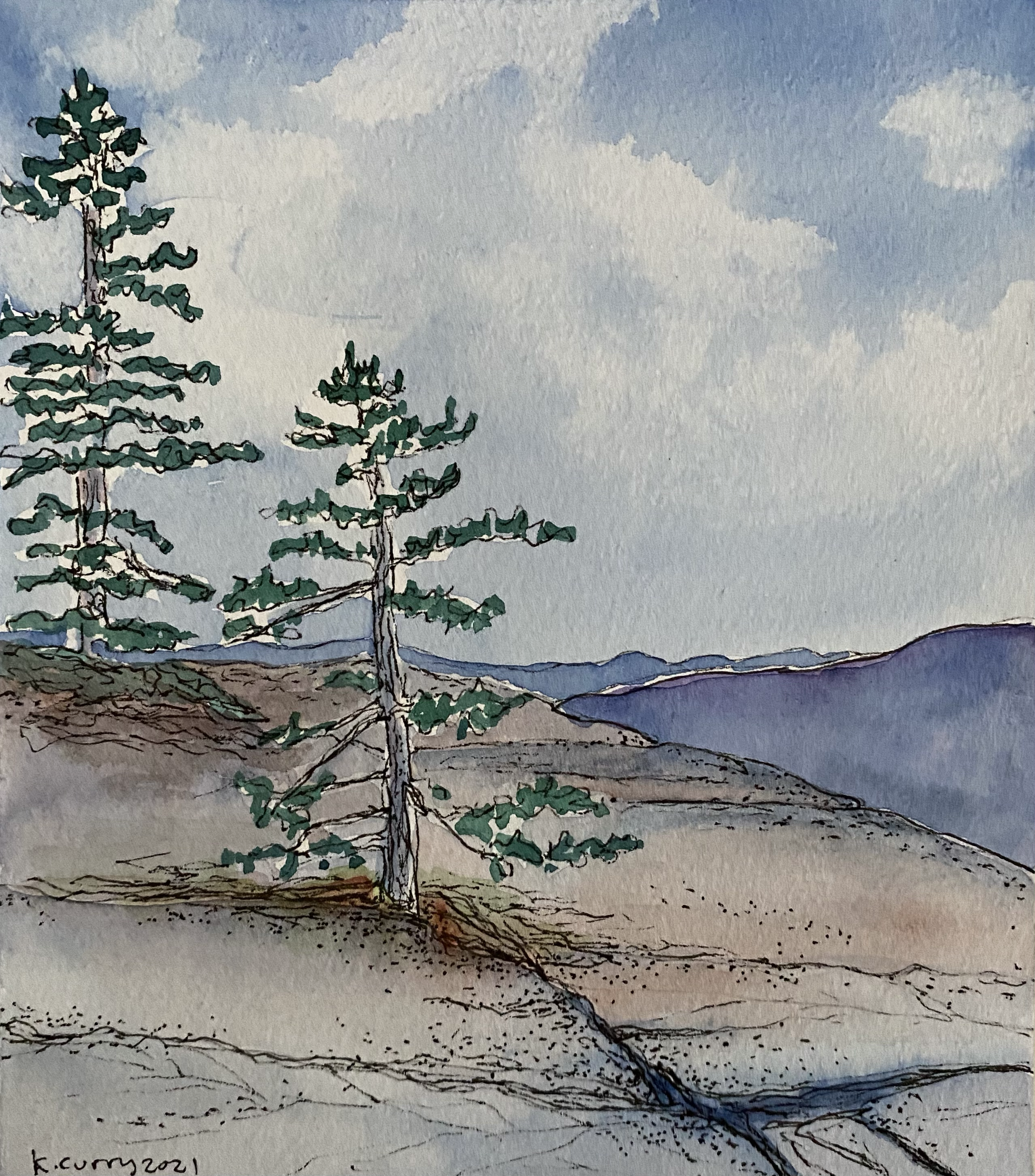 Title: Vista,
ink, watercolor on 140lb paper,
Unframed,
2021
5.5”W x 6.5”H