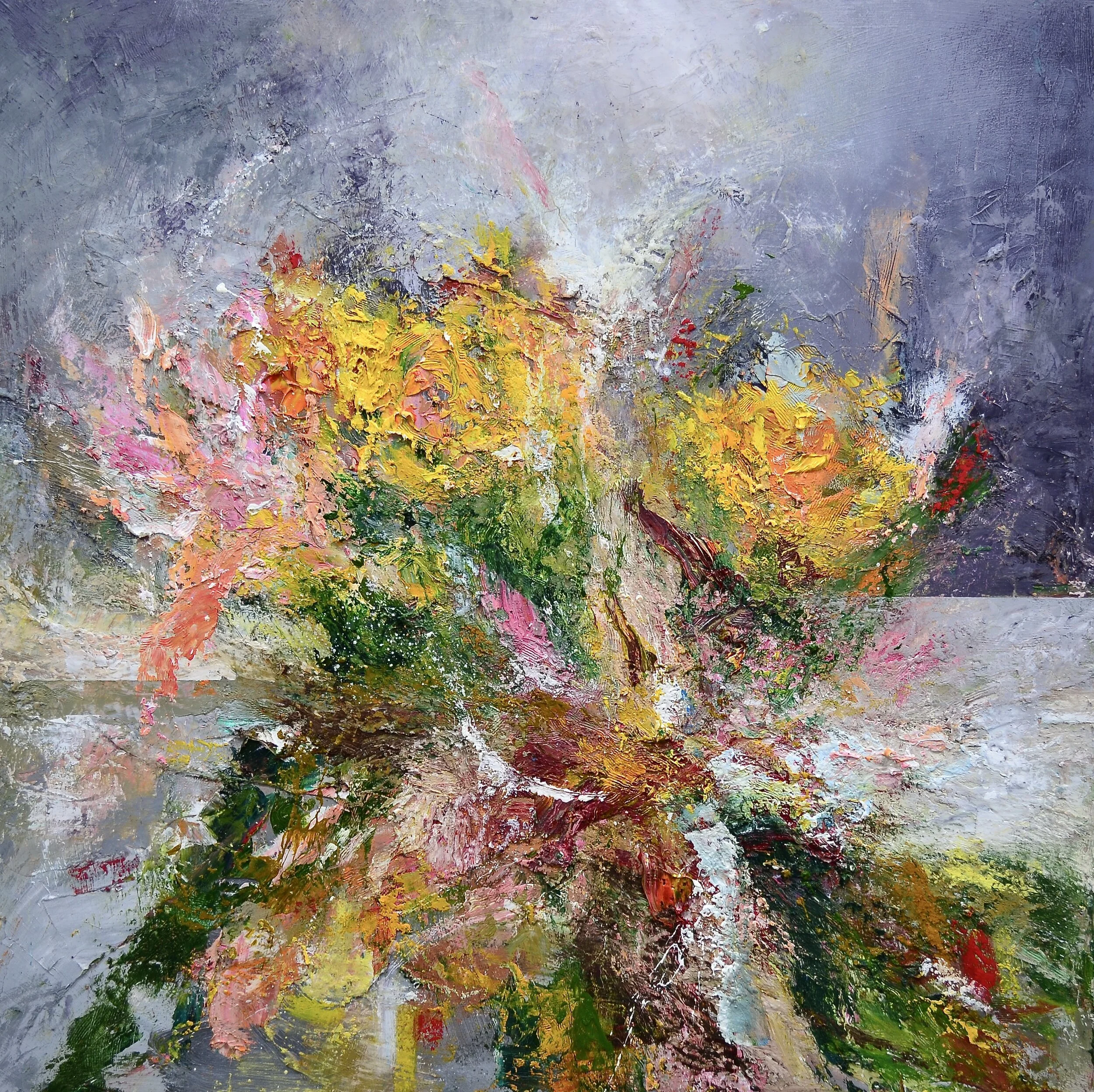 "WILTING EARLY SUMMER BOUQUET, LILIES AND ROSES"oil on canvas 95cm x 95cm SOLD
