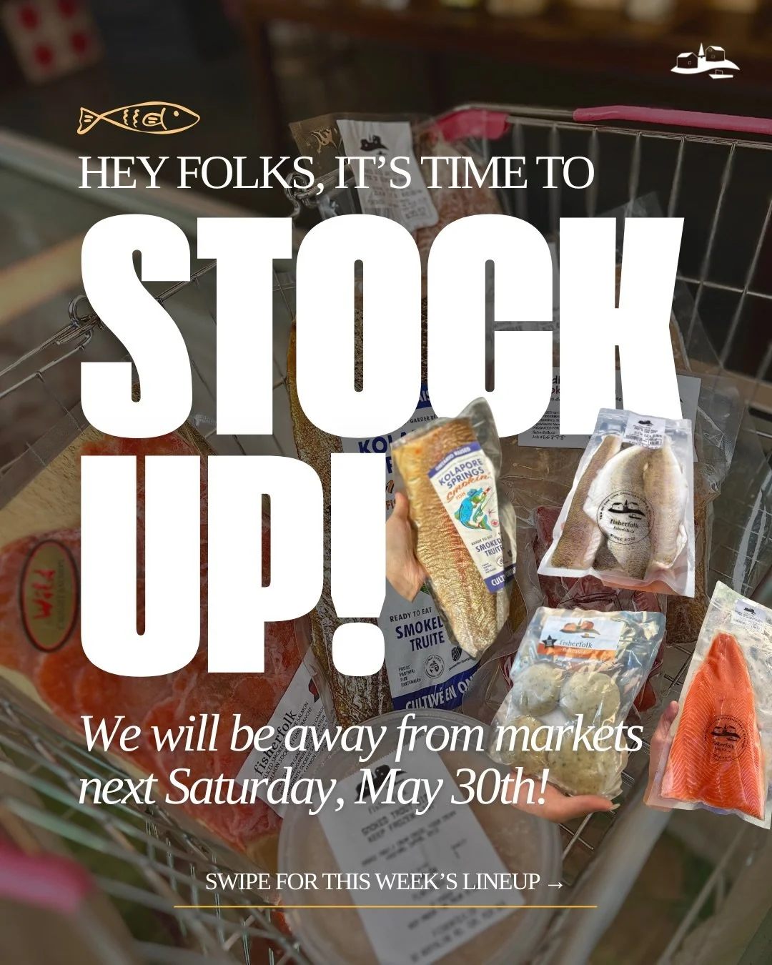 Hey folks! 👋 Just a heads up: we will be away from the Saturday markets on May 30th, so make sure to stock up this week! 🐟

Come find us this Saturday, May 24th at @evergreen_brick_works and @thestopfarmersmarket for fresh and frozen fish and seafo