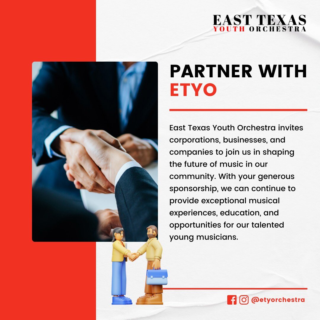 Join the East Texas Youth Orchestra's Corporate Sponsorship program and support the growth of young musicians in our community. Your partnership will nurture their talents and help build a strong foundation for their musical careers.

Don't miss this