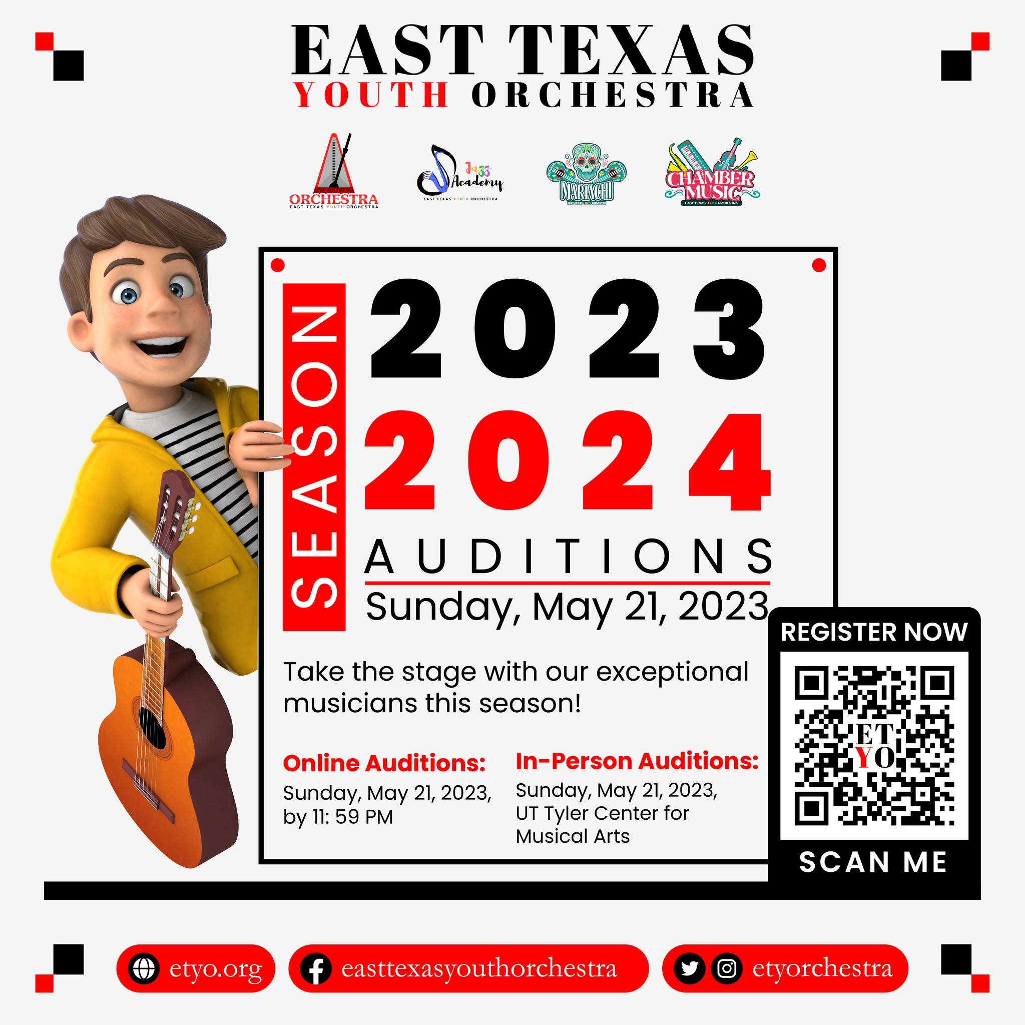 The East Texas Youth Orchestra (ETYO) is inviting young musicians to audition for the 2023-2024 season! Auditions will be held on Sunday, May 21, 2023, at the UT Tyler Center for Musical Arts starting at 2 PM.

The ETYO is a non-profit organization t