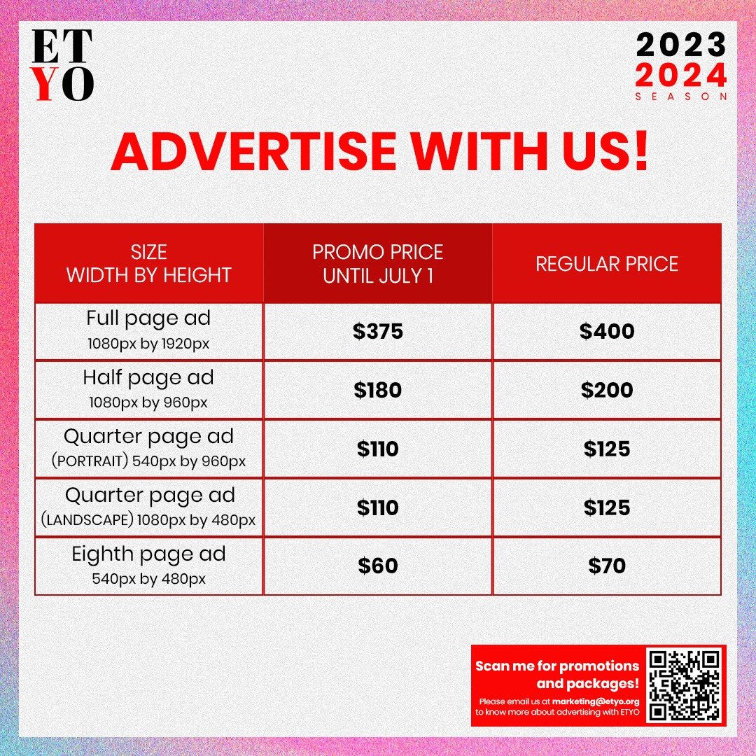 Advertise with ETYO and make a difference in the community! 🎶 

Our digital concert program reaches parents, audiences, and the community, providing a valuable opportunity for businesses to connect with the target audience while supporting music edu