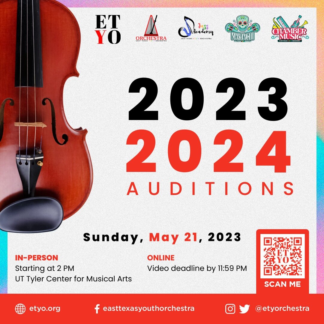 Tomorrow's the day! Be part of the East Texas Youth Orchestra for Season 23/24 by auditioning tomorrow! 🎶

Join us in person at the UT Tyler Center for Musical Arts at 2 PM for an unforgettable experience, or submit your audition video online before