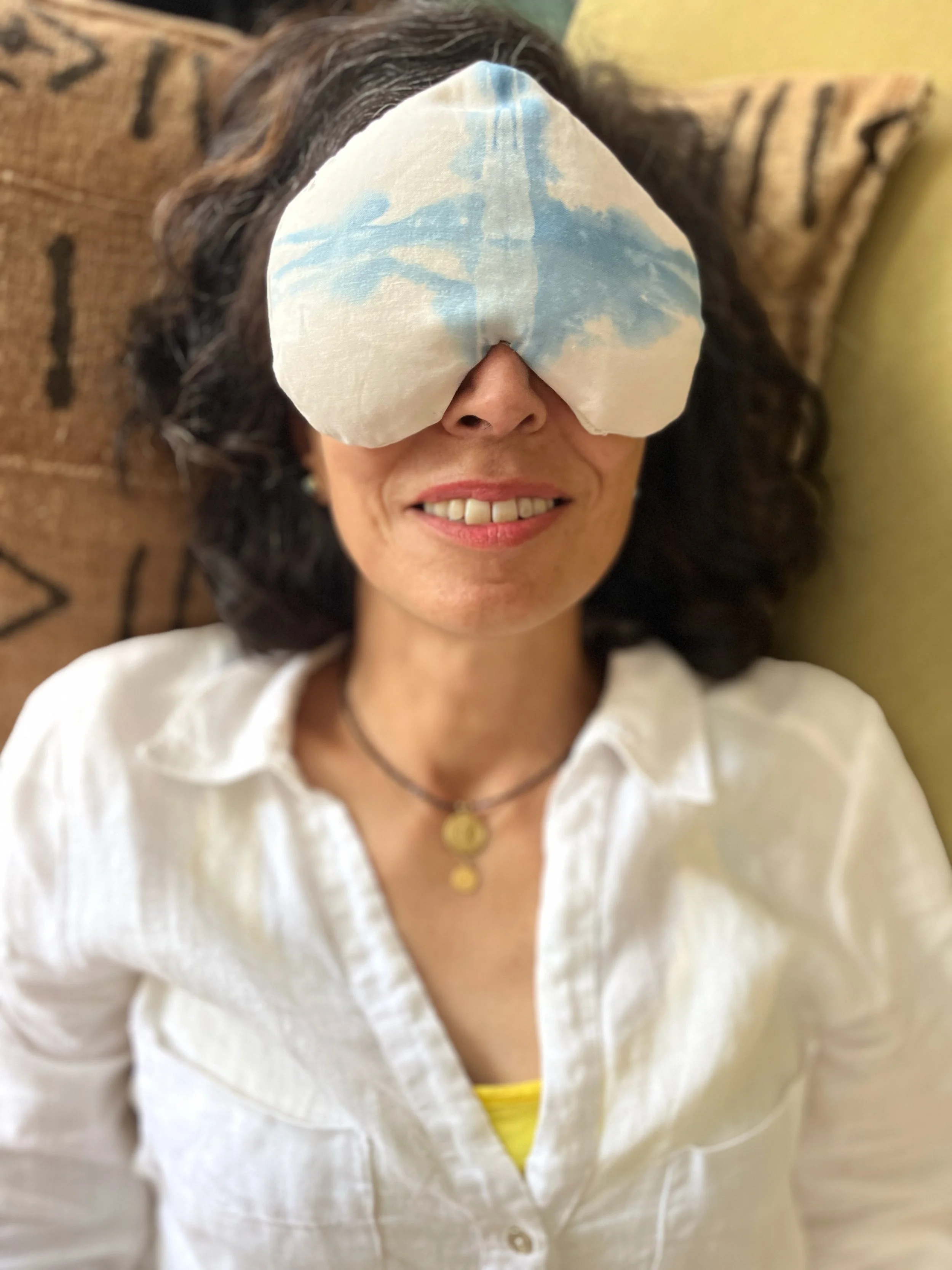 Use a pack to soothe eye strain. Hand dyed silk fabric is filled with rice. Unscented.