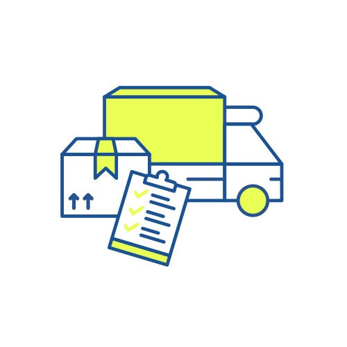 Icon für "Beschaffung und Logistik" mit Paket, Lieferwagen und Checkliste, symbolisiert Versand- oder Lieferprozesse