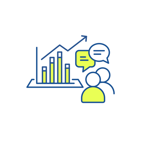 Icon für "Marktbegleitung und Optimierung" mit steigendem Trend, zwei Personen mit Sprechblasen, symbolisiert Geschäfts- oder Teamdiskussion.