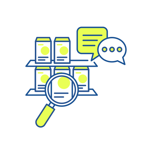 Icon für "Strategische Beratung und Analyse" mit mehreren Produkten, Lupe und Sprechblasen