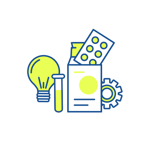 Icon für "Produktentwicklung und -management" mit Glühbirne, Reagenzglas, Medikamentenpackung, Blisterpackung und Zahnrad, symbolisiert Innovation und Forschung im Gesundheitswesen.