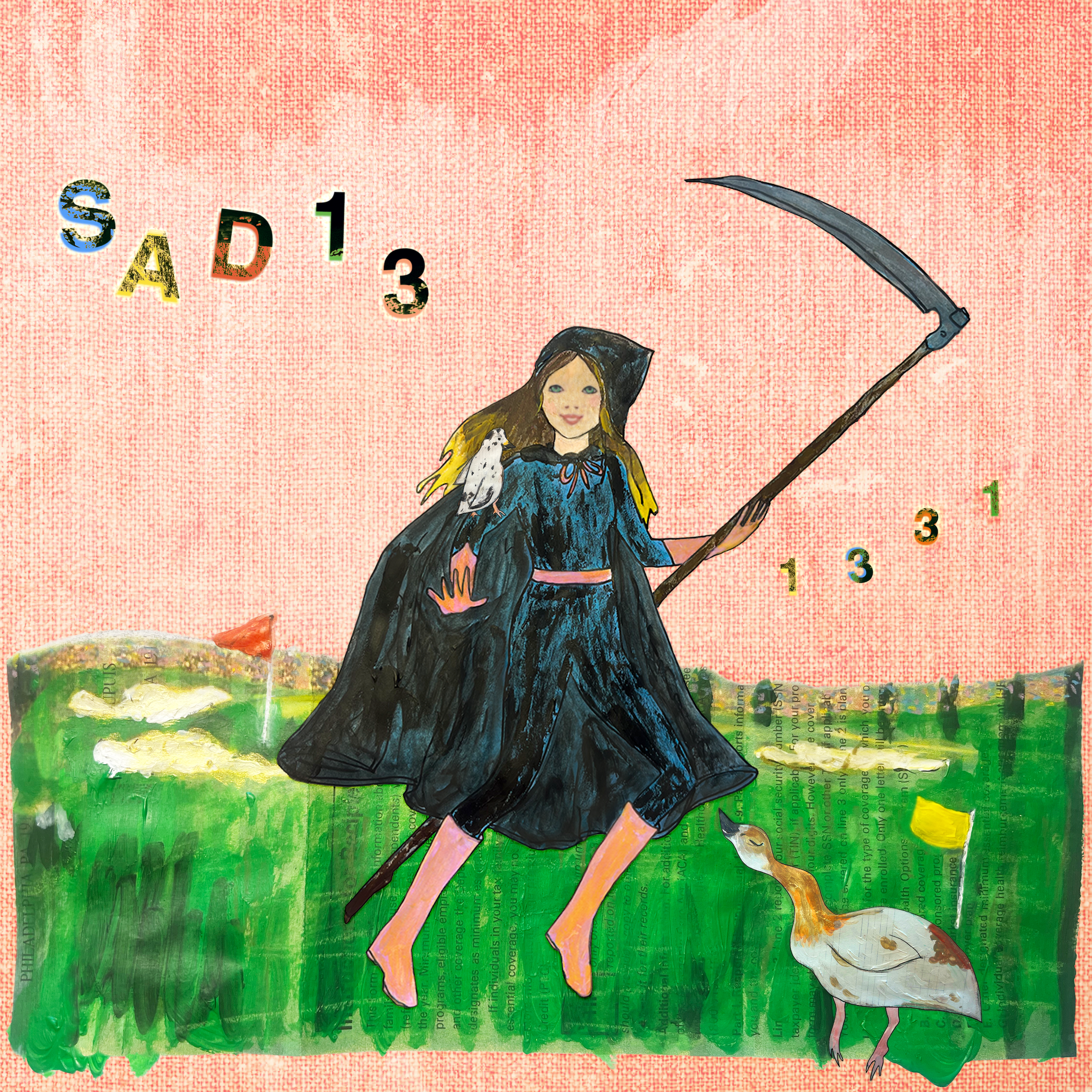 An illustration of a witch wearing a black hat and a black cloak, riding a pink broomstick, with a white cat sitting on her shoulder, set against a background of green grass and red textured sky.