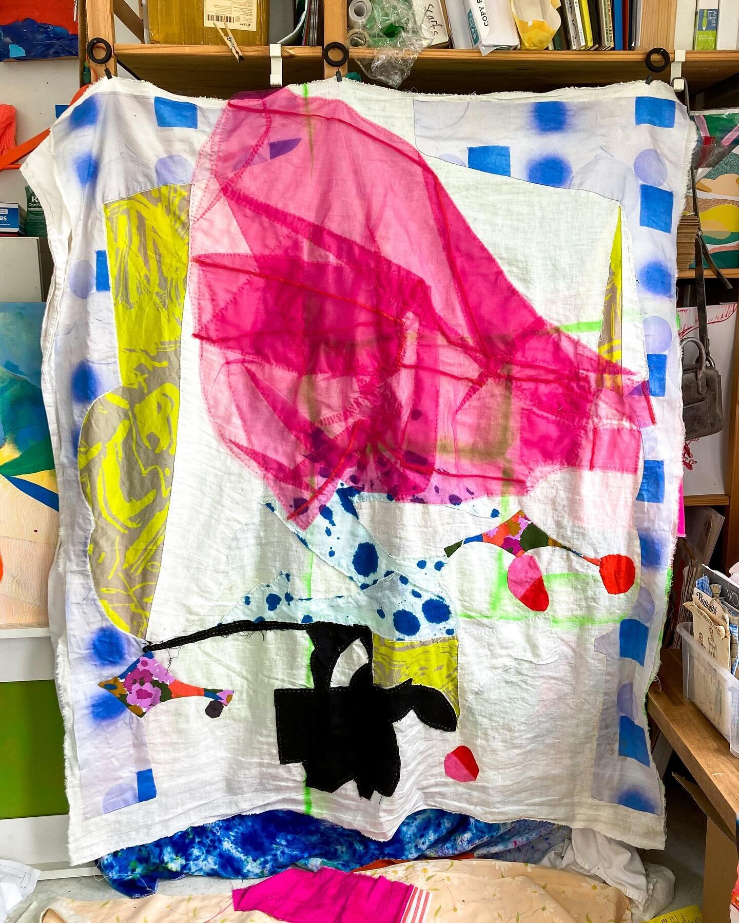 #destroythisquilt 
Prompt #5 

I added both the floaty pink tule (an experimental #caladiumjumpsuit) and two twinkling floral sparkles. Symbolic of my soul and spirit I&rsquo;m smitten with these additions. I felt like I was Wendy in Peter Pan stitch