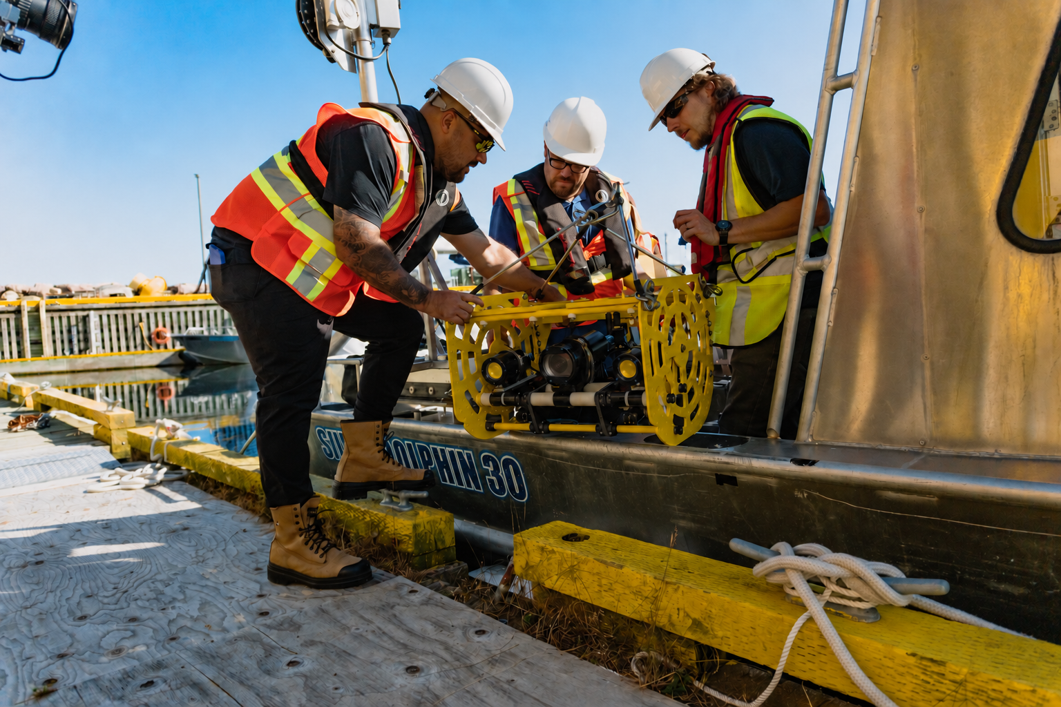 research team deploying a subsea drop camera system