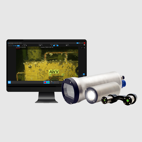 subsea inspection system software on monitor, subsea camera, light, and laser