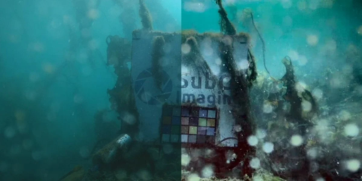 An underwater image of a SubC card with one half of the screen using the DVR+ Image Enhancement
