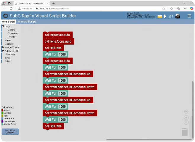 A screenshot of SubC Imaging's script builder for automated Timelapse