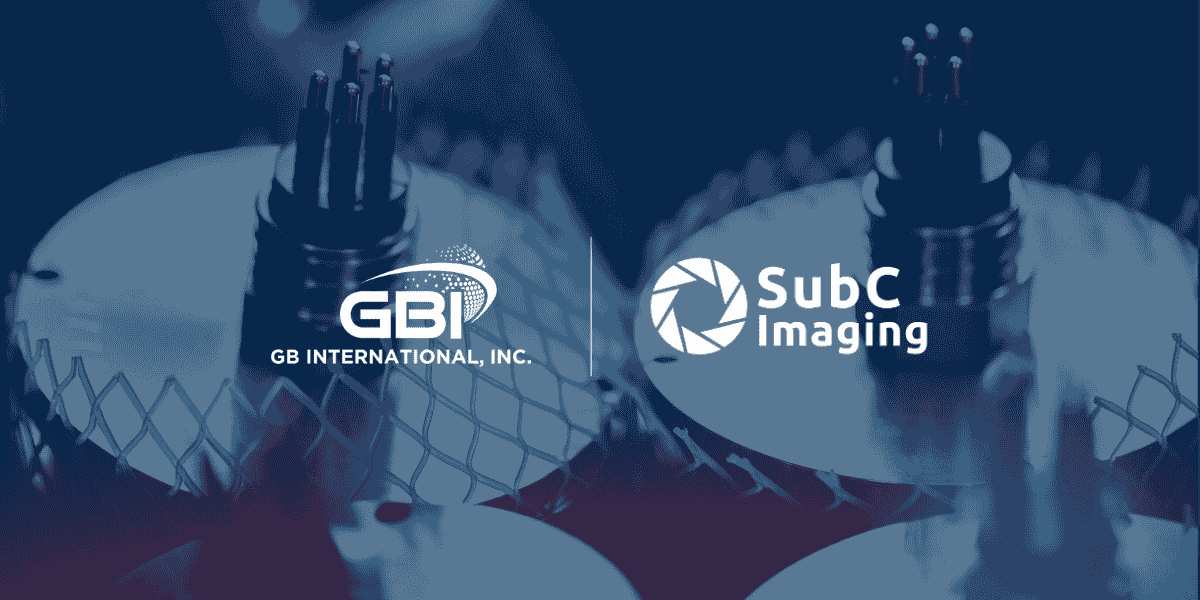 Blue-toned underwater graphic showing marine equipment with cables and netting, overlaid with the GBI (GB International, Inc.) and SubC Imaging logos side by side.