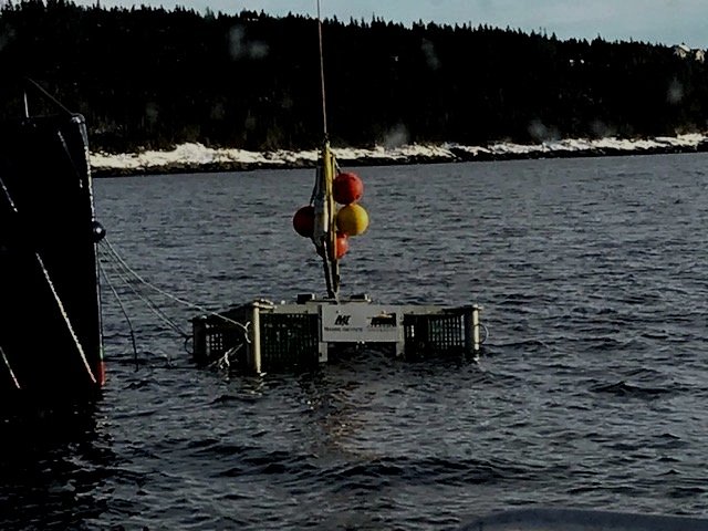 Subsea camera and equipment being lowered into the sea.