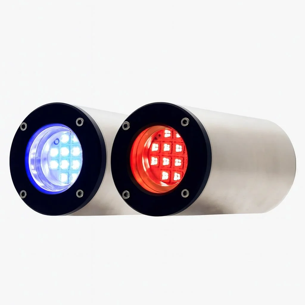 Two cylindrical stainless steel underwater laser units for SubC Imaging, placed side by side, one emitting blue light and the other red, with black bezels and visible laser arrays behind clear glass, shown against a white background.