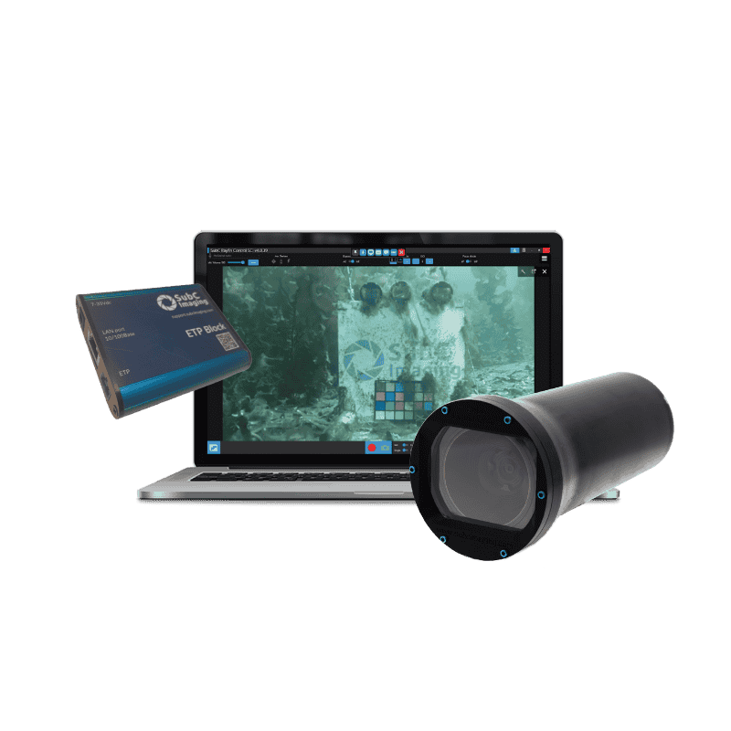 SubC Imaging's Rayfin Uplink Camera next to the uplink hardware and SubC's DVR software