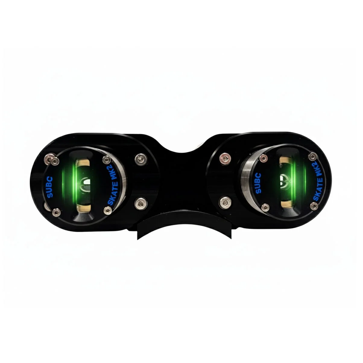 Front view of the dual-laser SKATE MK2 system from SubC Imaging, showing two green laser lines projected through its paired optical housings.