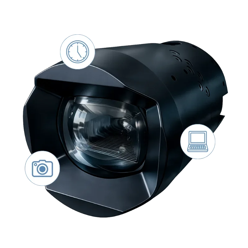 A black subsea camera with icons indicating a clock, a camera, and a laptop.