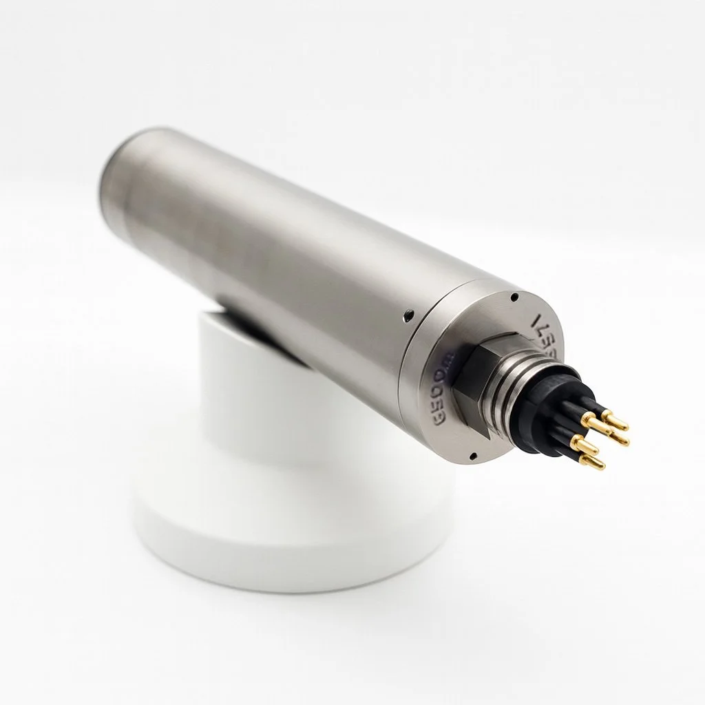 Rear view of the SubC Imaging SKATE MK2 underwater laser scanner, showing its titanium housing and gold-plated connector pins on a white display stand.