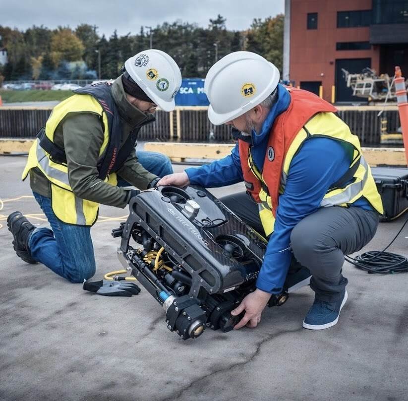 two researchers lifting a small rov