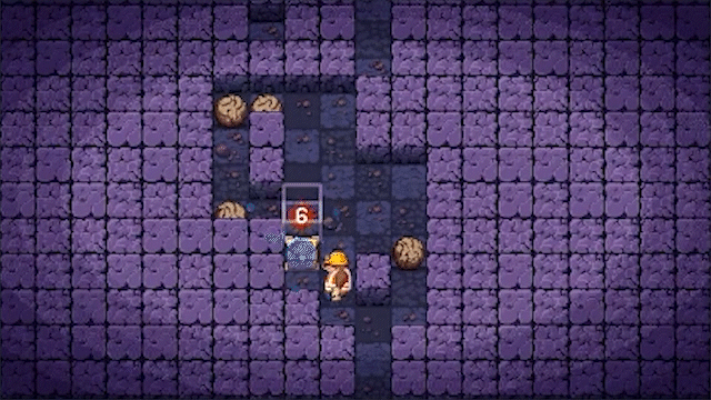 A gif of a mole pushing a bomb along a gridded cave area as the timer goes off and destroys walls. The mole walks through the opening to the next levle.