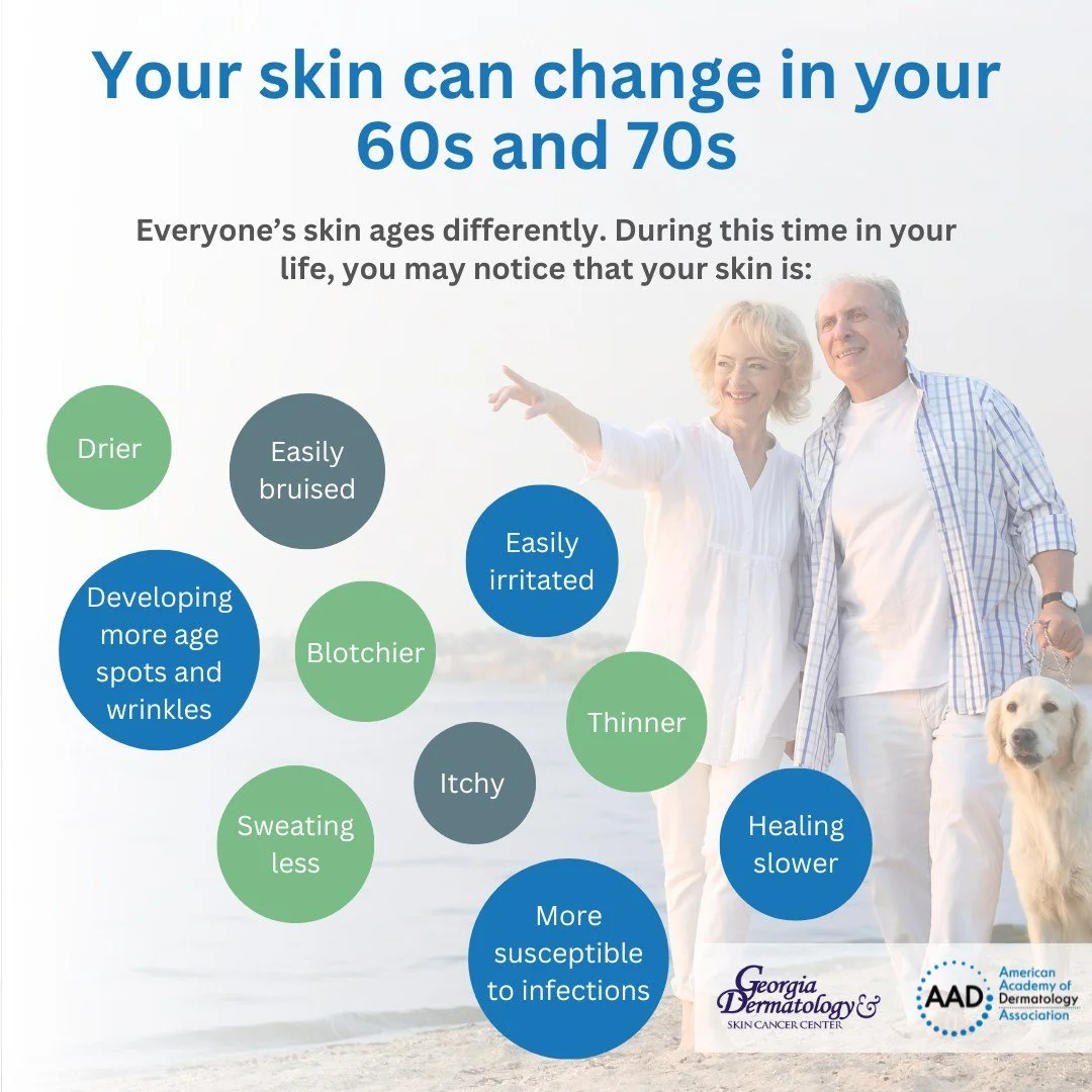 Everyone ages differently, but during this time in your life, you may notice that your skin has made some of the changes listed below. When it comes to skin care in your 60s and 70s, dermatologists recommend the following lifestyle changes:

- Bathe 
