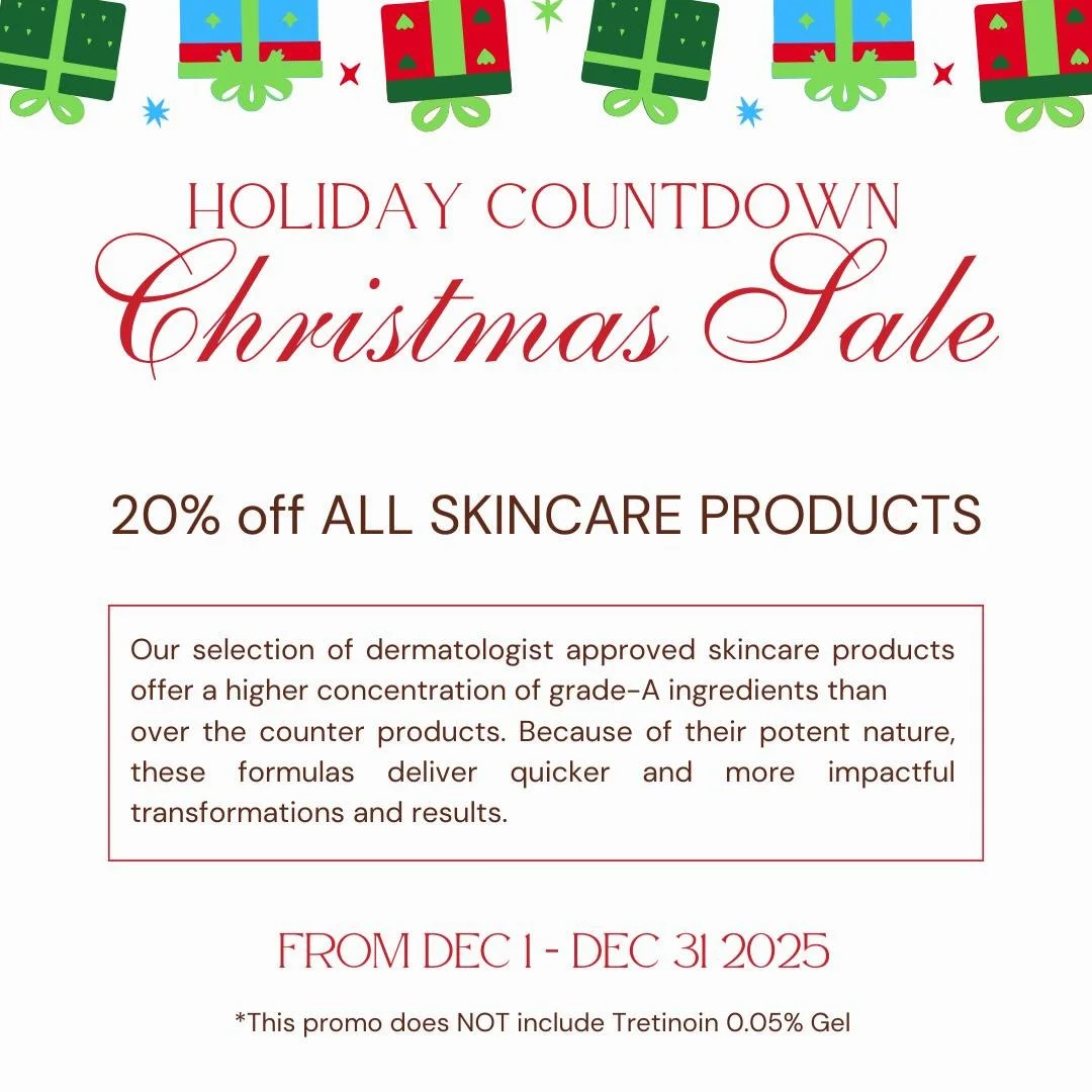 Give the gift of medical grade skincare products this holiday season with 20% off ALL PRODUCTS! 🎄🎁 ✨

Our selection of dermatologist approved skincare products offer a higher concentration of grade-A ingredients than over the counter products. Beca