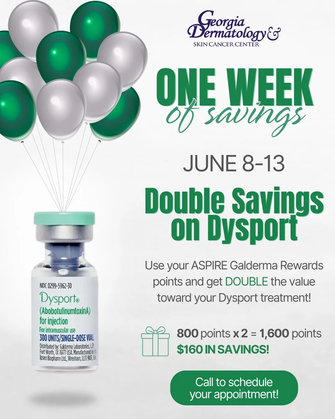 💚 Double the points. Double the savings. Double the glow. 💚

For one week only &mdash; June 8&ndash;13 &mdash; your ASPIRE Galderma Rewards points go double toward Dysport treatments at Georgia Dermatology.

Thinking about smoothing frown lines, fo