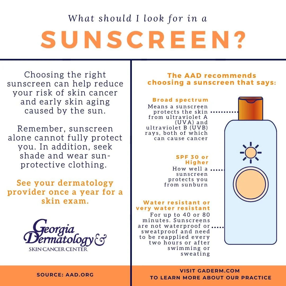 A common question we get is: What should I look for in a sunscreen?

Choosing the right sunscreen can help reduce your risk of skin cancer and early skin aging caused by the sun. The AAD recommends choosing a sunscreen that says:

☀️ Broad spectrum: 