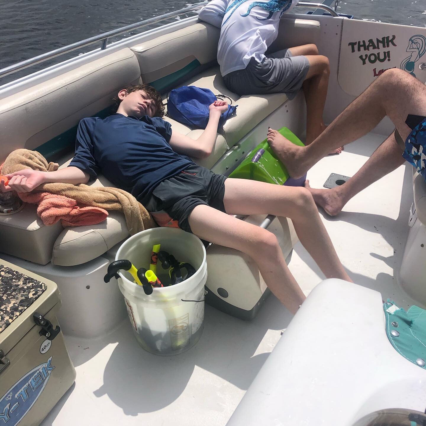 Brothers John (13) and Joe (15) were knocked out after scalloping this morning. #myneckhurts #bayscallops #homosassa #naturecoast