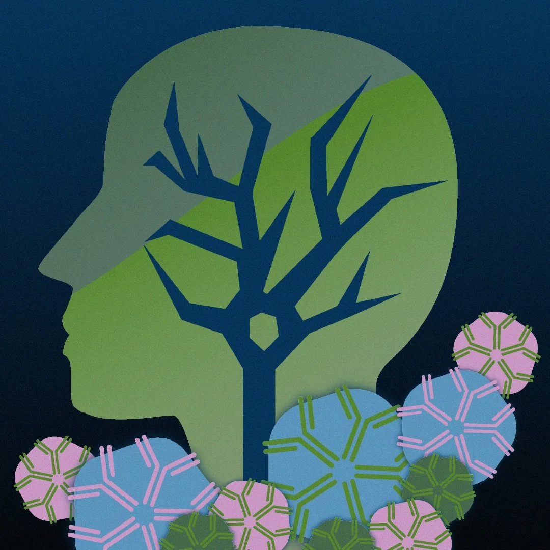 CST's neural logo framed in a head silhouette. surrounded by flowers