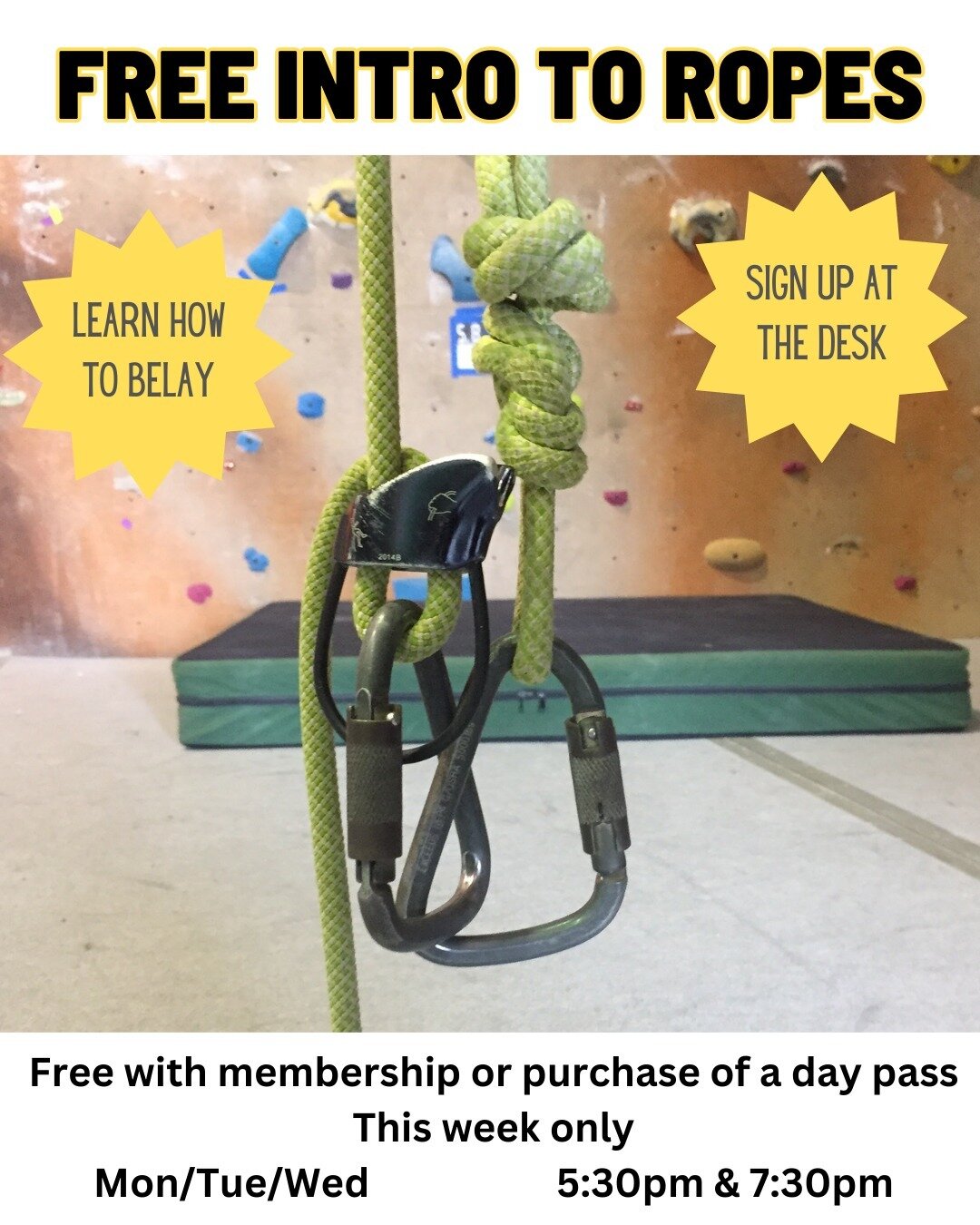 Free Intro to Ropes &amp; Belaying classes this week for Members and Non-members!

With our bouldering closed for DarkHorse prep, come in and learn the ropes at Metro free of charge this week. Members are still always free and non-members just need t