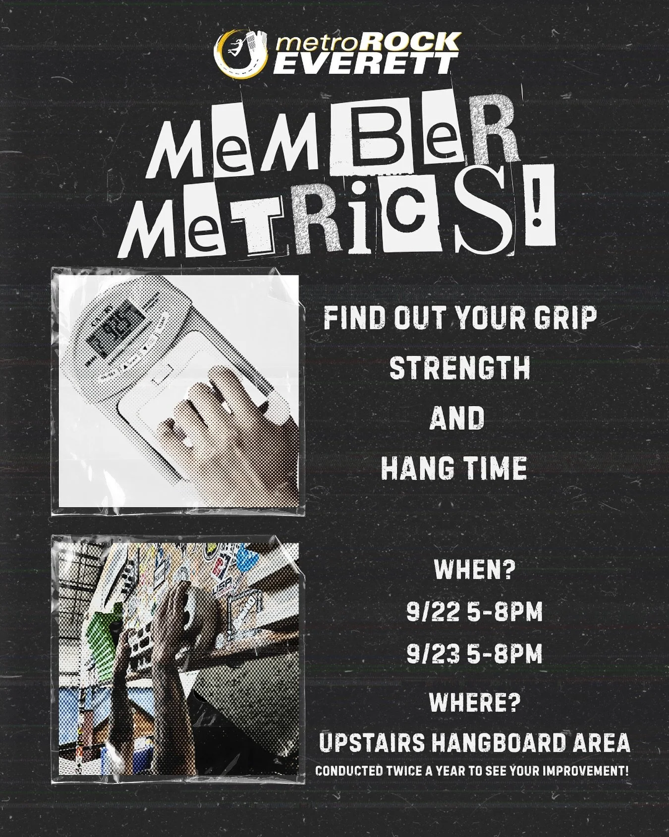 Curious about your grip strength? Or hang time ever since climbing? Come through next Monday and Tuesday to find out! Free for members! Member with the longest hang time might get something🫣😎