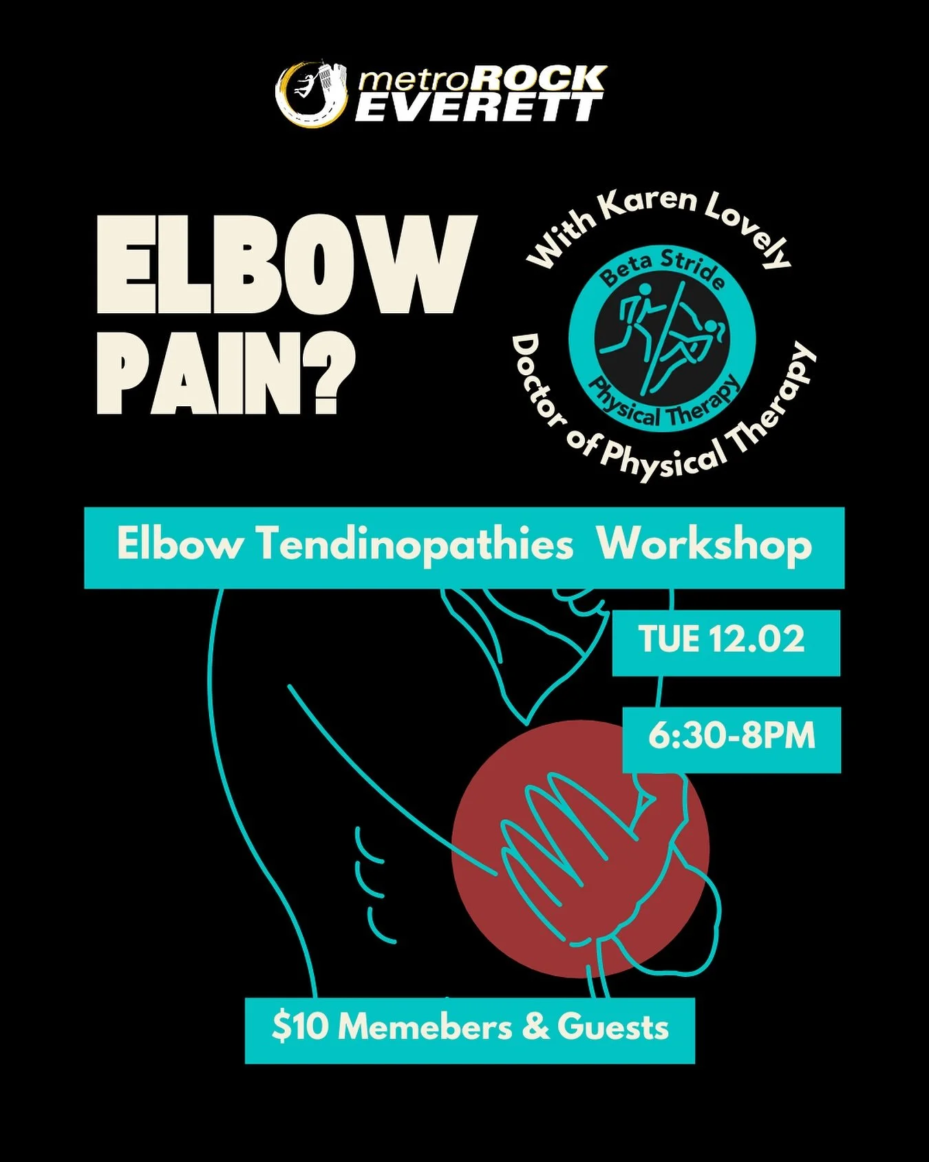 Sorry for the repost! Link to sign up is in our bio. 

Join Karen Lovely, Doctor of Physical Therapy at Beta Stride Physical Therapy, for this 90-minute workshop at MetroRock Everett.  We will discuss the most common types of elbow tendinitis and elb