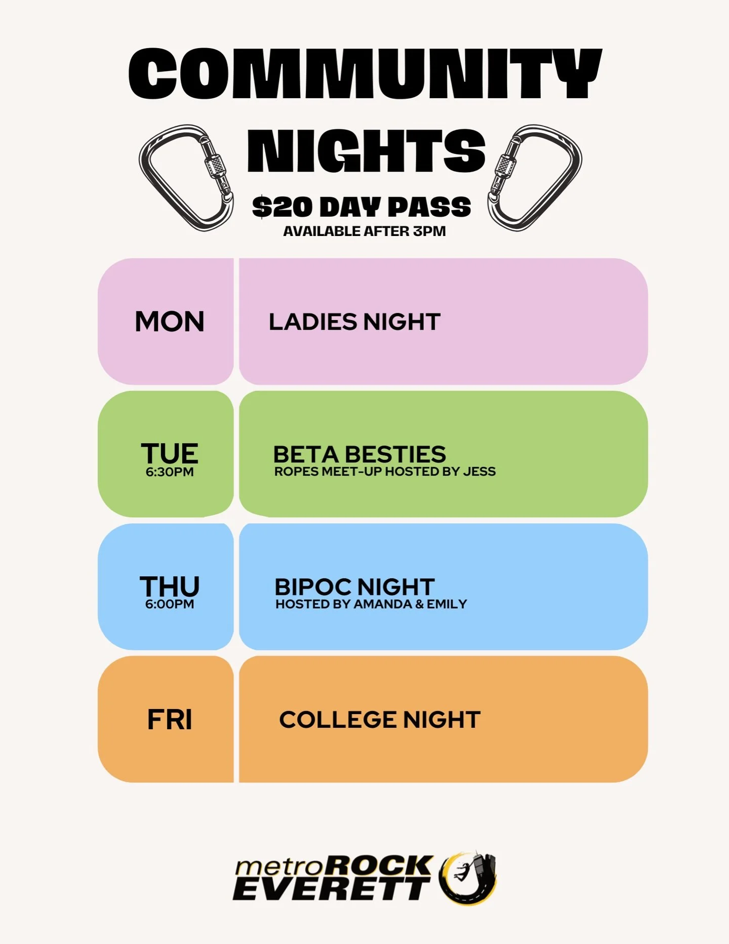 We have discounted day passes almost every day! Regular day pass is $30 but on a discount night, it is $20 with all gear included! Bring your friends and climb on! 

.
.
.
.
.
.
.
.
.
.
.
#climbing #bouldering #climbinggym #newengland #boston