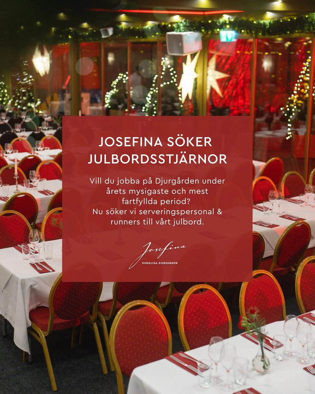 🎄✨ Vi s&ouml;ker serveringspersonal och runners till v&aring;rt julbord under november - december.🎄✨ 

Vi s&ouml;ker dig som &auml;r:
✨Glad &amp; social
✨Serviceinriktad
✨Snabb &amp; stresst&aring;lig
✨En lagspelare som gillar h&ouml;gt tempo

Erfa