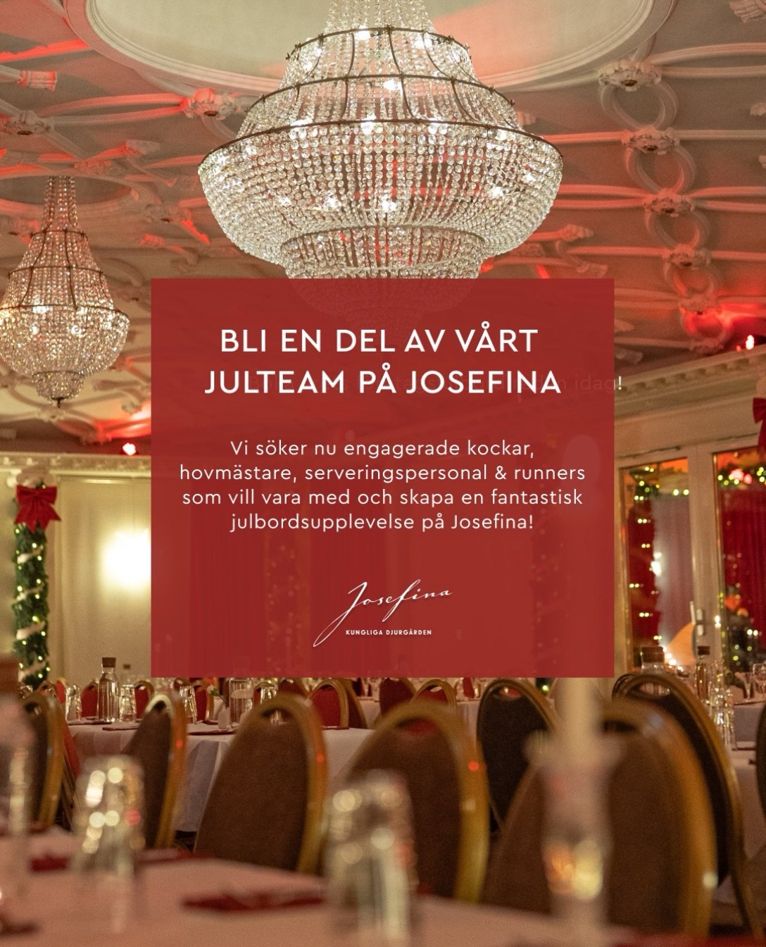 🎄✨ Vi s&ouml;ker kockar, hovm&auml;stare, serveringspersonal och runners till v&aring;rt julbord under november - december.🎄✨ 

Vi s&ouml;ker dig som &auml;r: 
✨Glad &amp; social 
✨Serviceinriktad 
✨Snabb &amp; stresst&aring;lig 
✨En lagspelare som