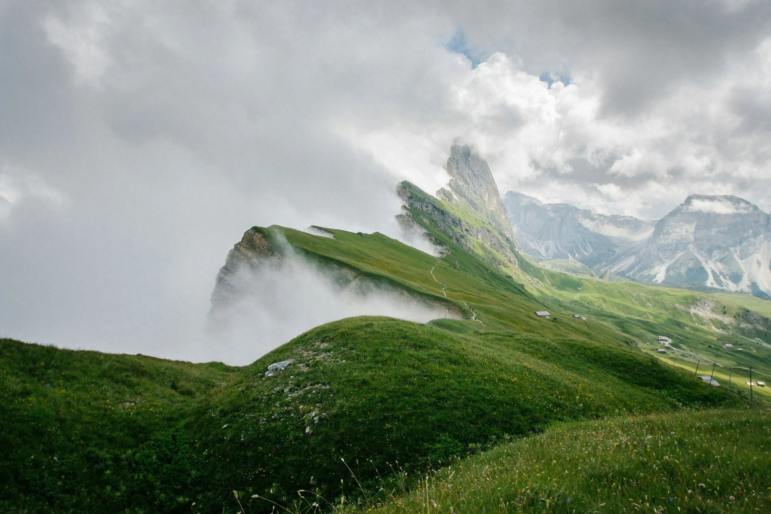 Green mountains with fog